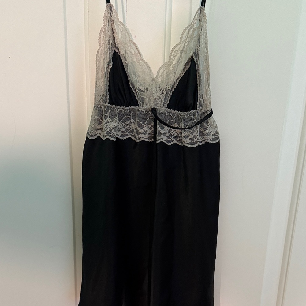 Victorias Secret Black and Cream Lace-Trim Satin Slip Dress